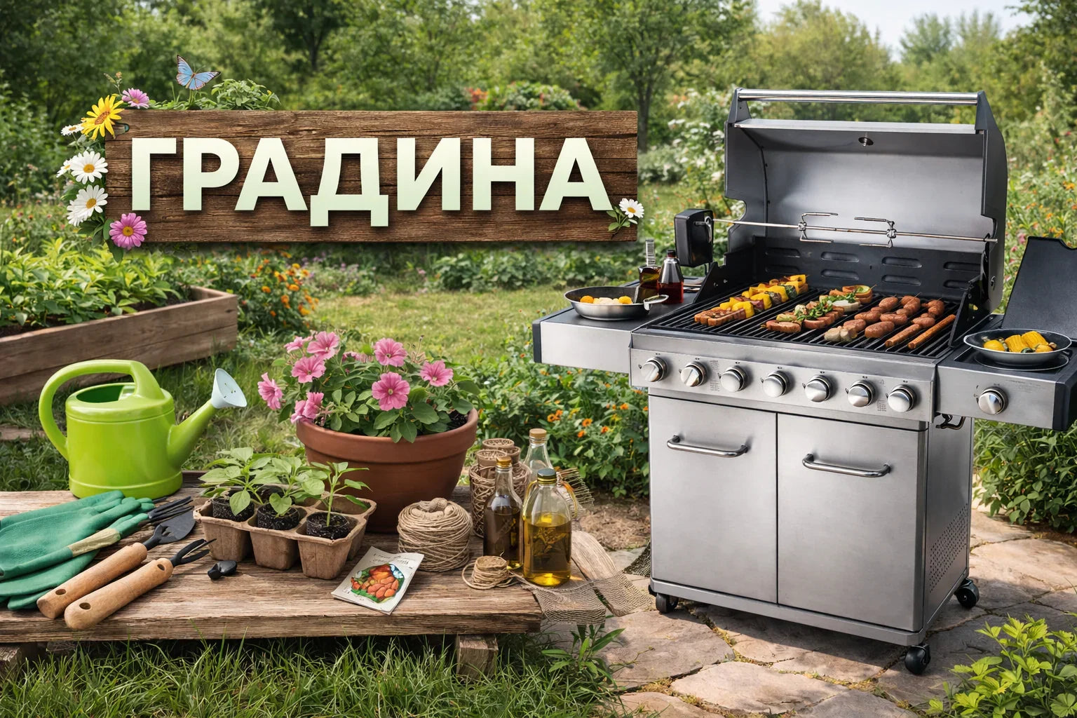 Градински барбекю скара, градински инструменти, цветя и растения на открито