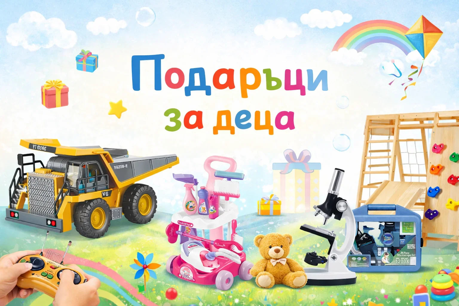 Коледна украса с играчки – куклена къща, дистанционно багер и подаръци за деца