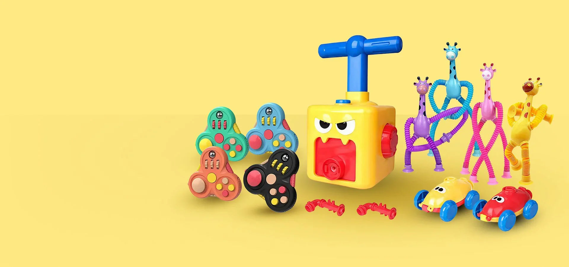 Комплект цветни детски интерактивни играчки и колички върху жълт фон