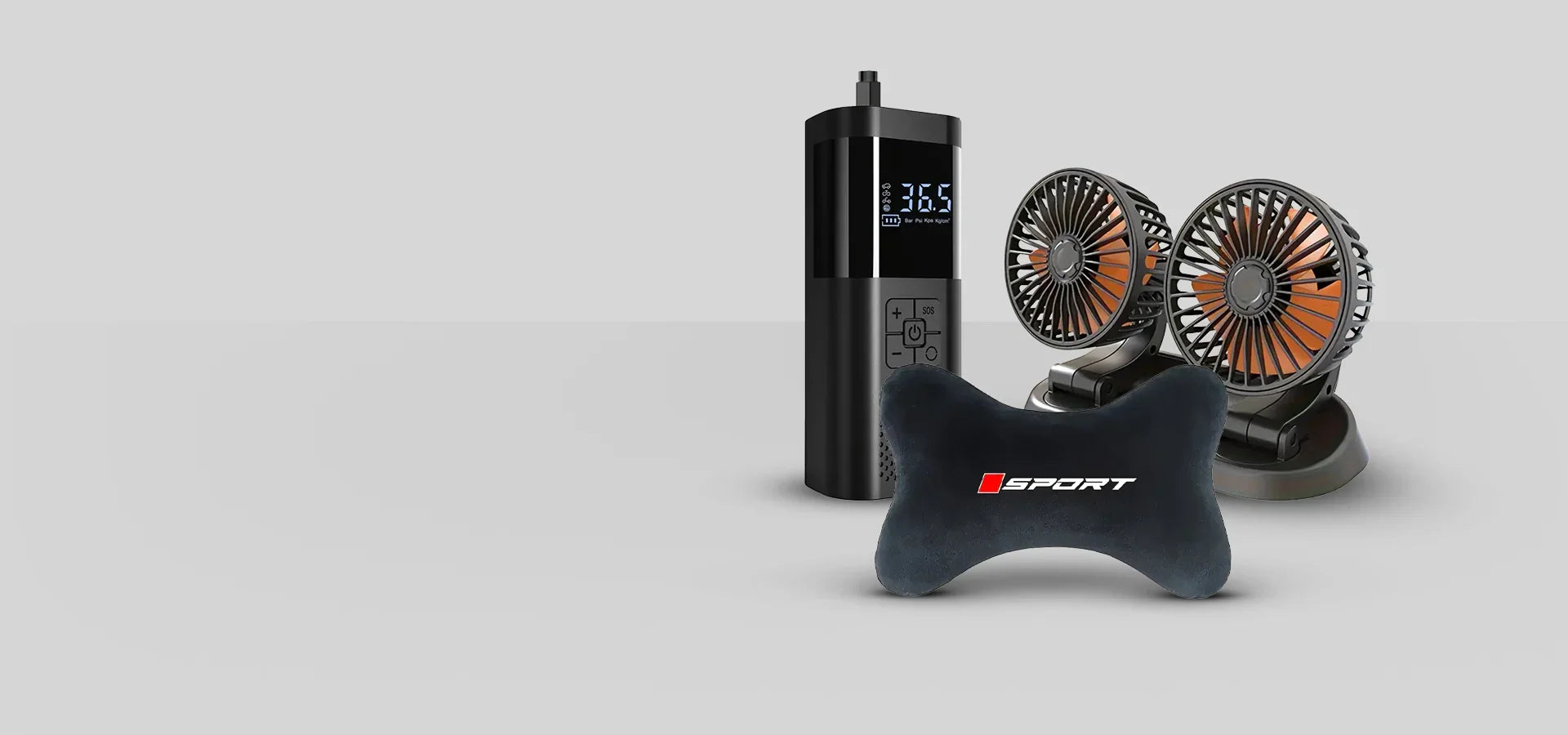 Автомобилен аксесоар: възглавница за път SPORT, вентилатор и дигитален уред на бял фон
