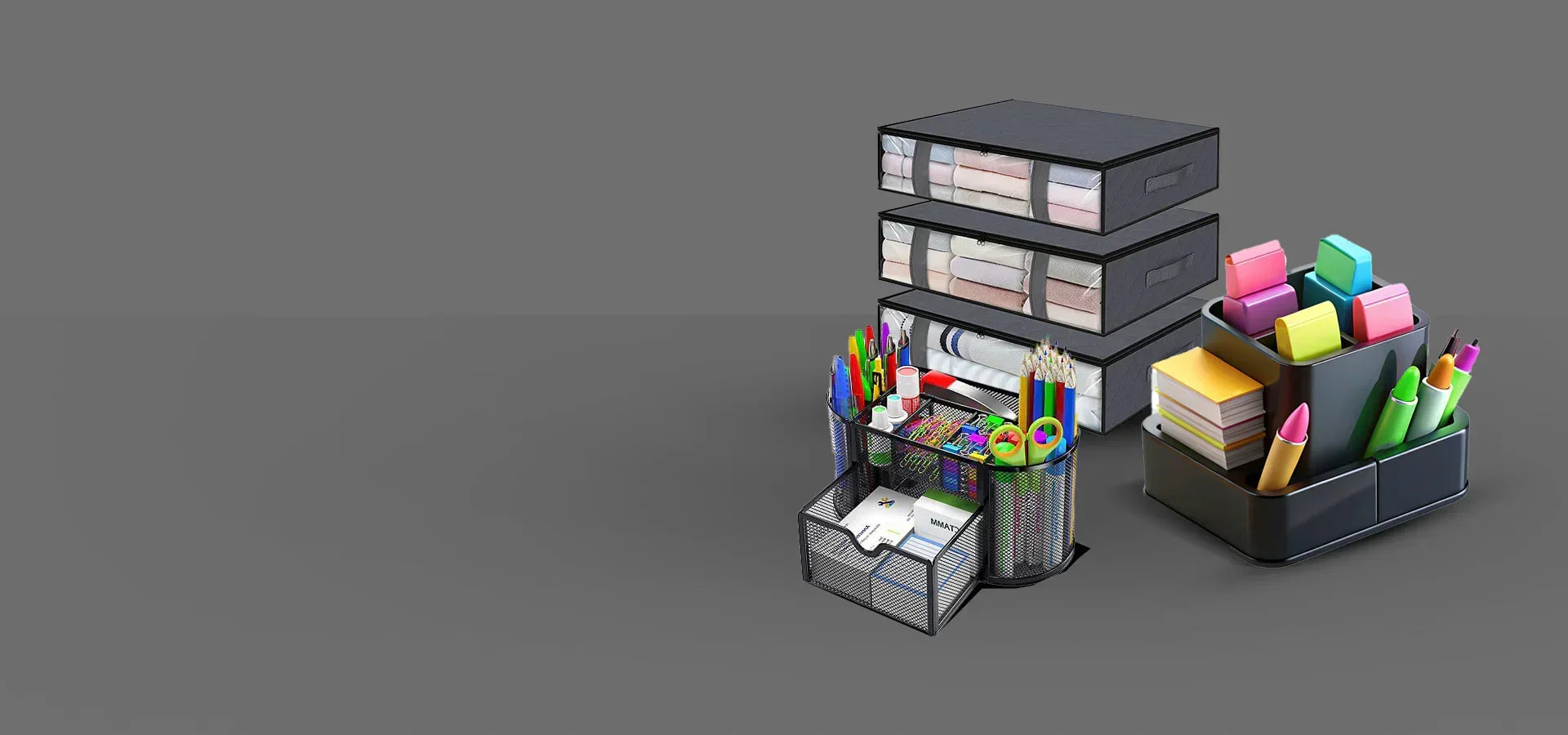 Органайзери за бюро с цветни химикалки, моливи и кутии за съхранение на дрехи