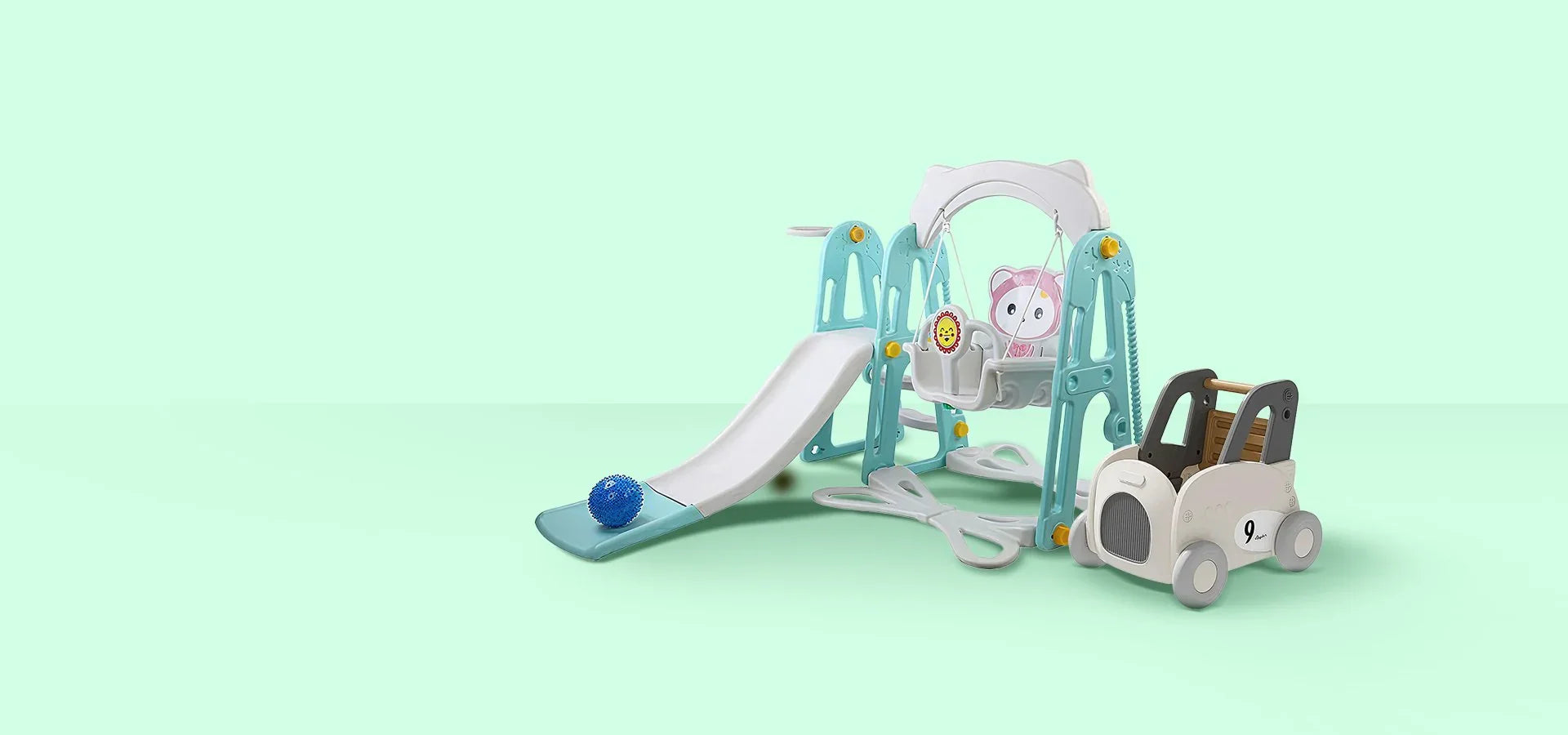 Детски комплект за игра с пързалка, люлка и количка, светлосини и бели цветове, на светъл фон