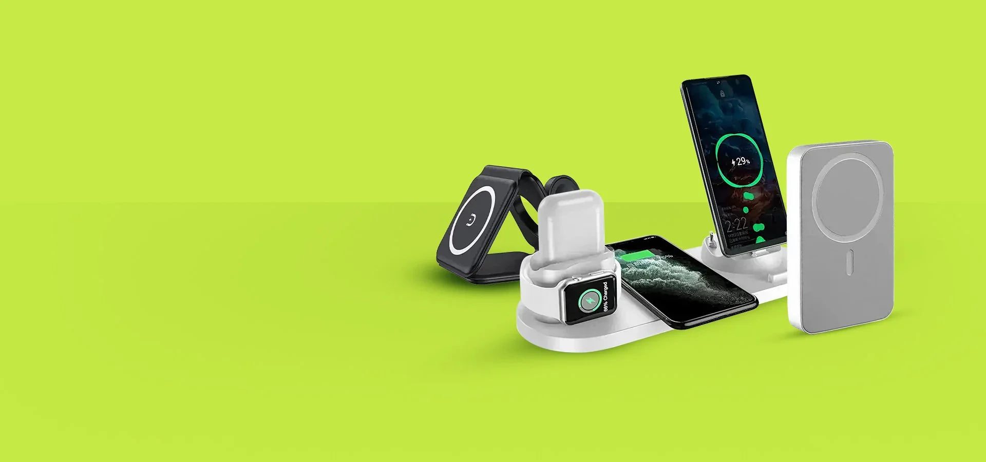Магнитна безжична зарядна станция за смартфони, часовници и слушалки на зелен фон