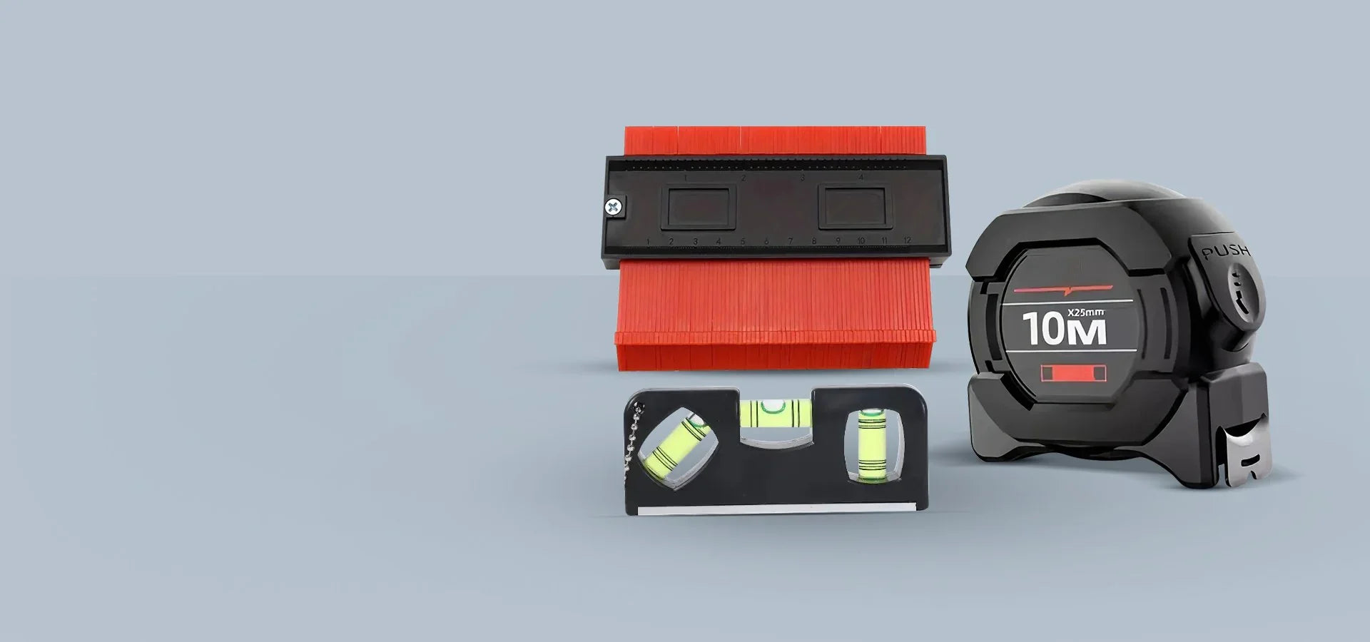 Комплект за измерване – контурен шаблон, ролетка 10 м и нивелир, подходящ за домашни майстори и строителни работи