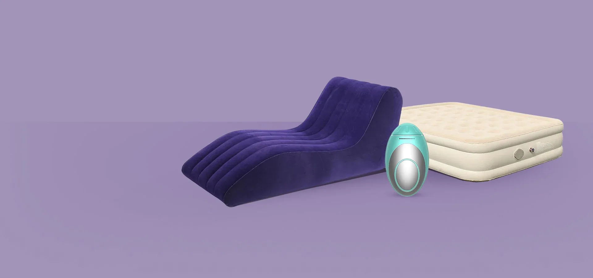 Лилав надуваем диван, бежов надуваем дюшек и малък уред на лилав фон