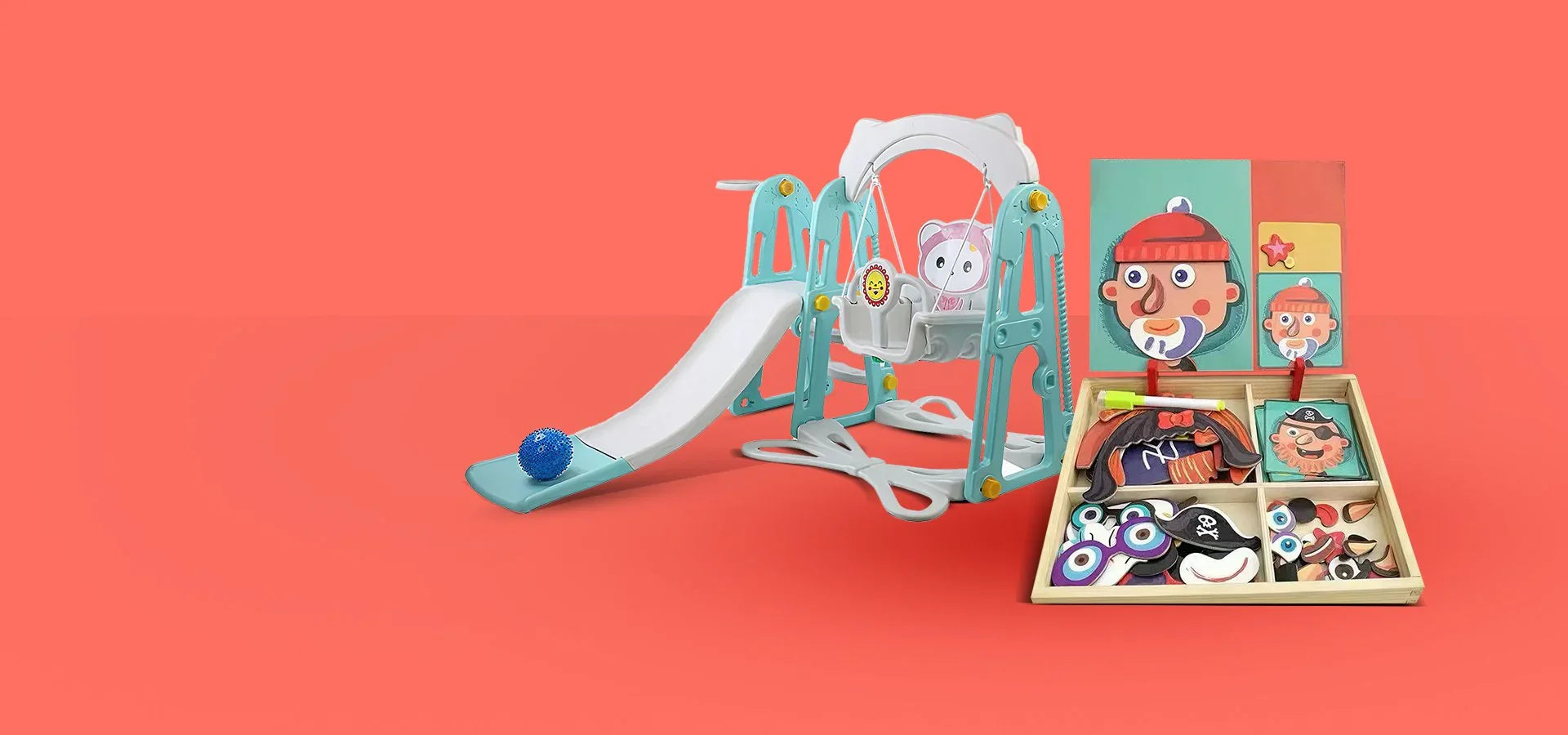 Детски комплект с вътрешна пързалка, люлка и образователни магнитни пъзели на оранжев фон