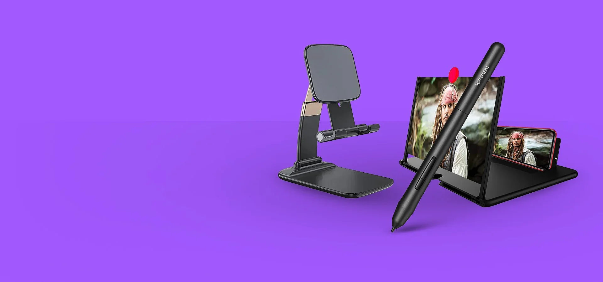 Стойка за телефон и таблет, стилус писалка XP-PEN и увеличител на екран върху лилав фон