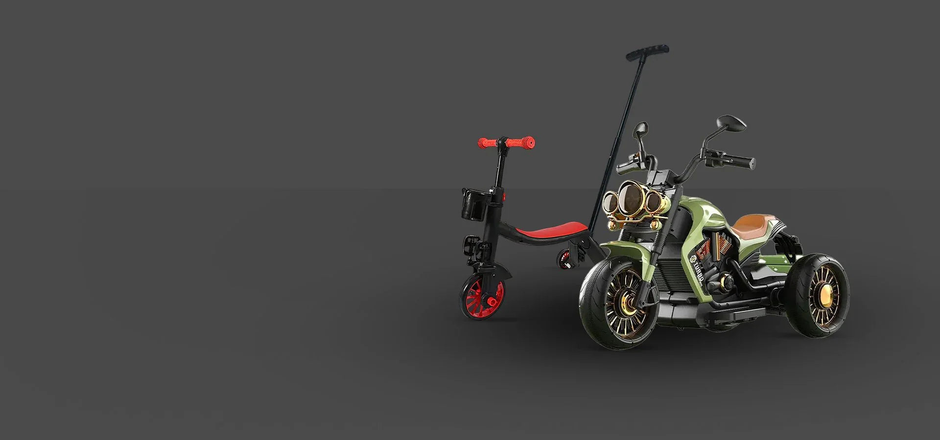 Детски велосипед и зелена триколка на тъмен фон, подходящи за деца и бебета.