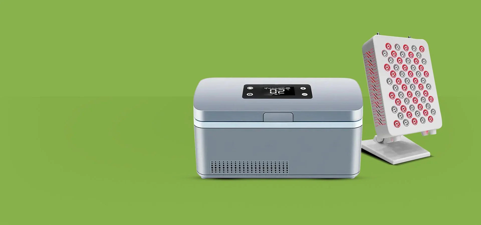 Сребрист медицински стерилизатор с цифров дисплей и лампа за дезинфекция на зелен фон