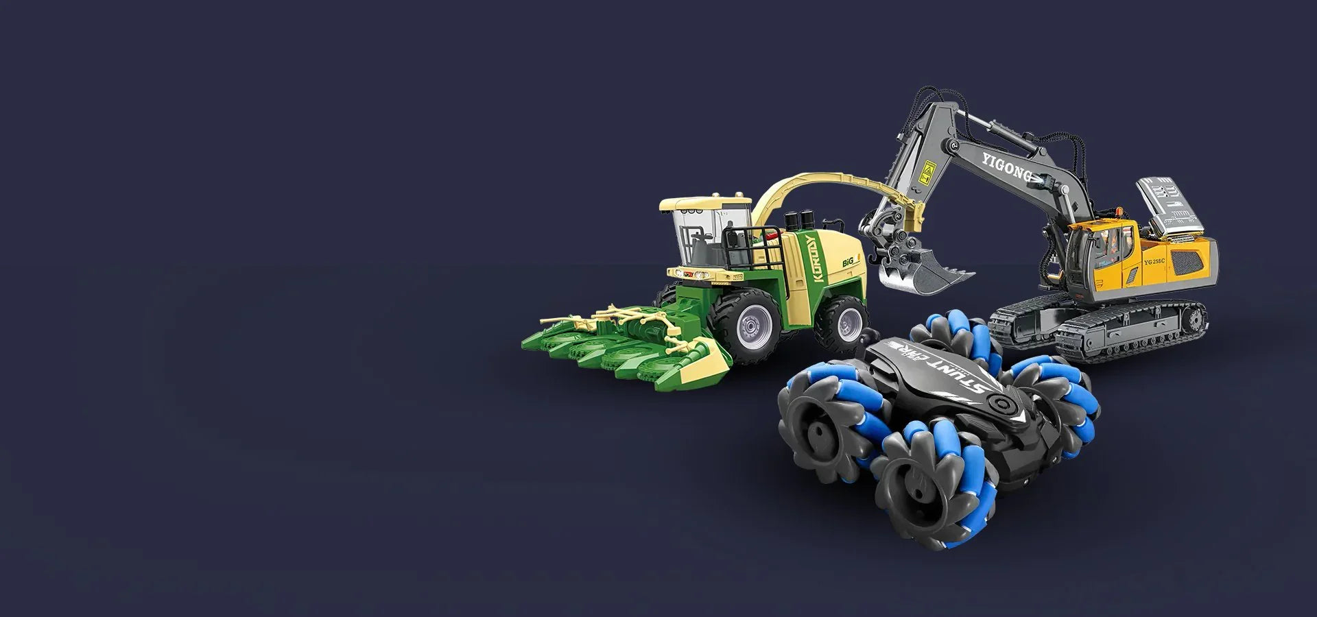 Играчки строителни и селскостопански машини на тъмен фон, детски багер и камион