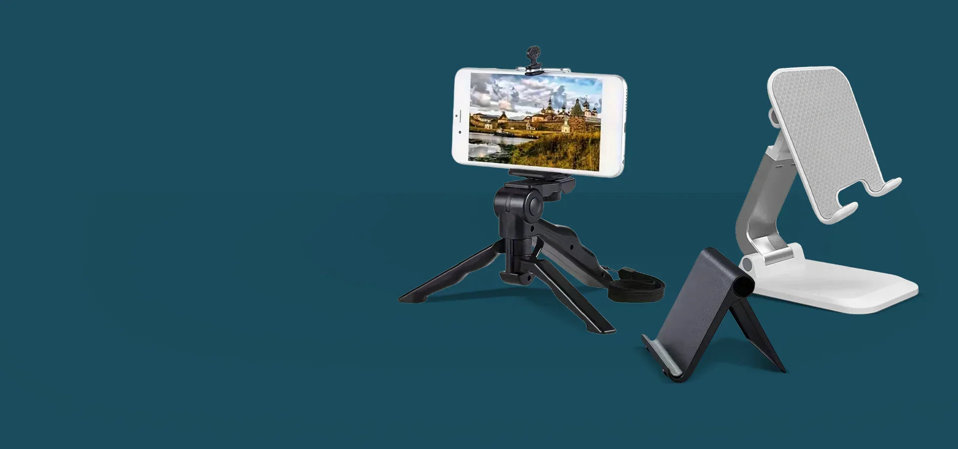 Три стойки за телефон – черен трипод, сгъваема стойка и регулируема настолна поставка