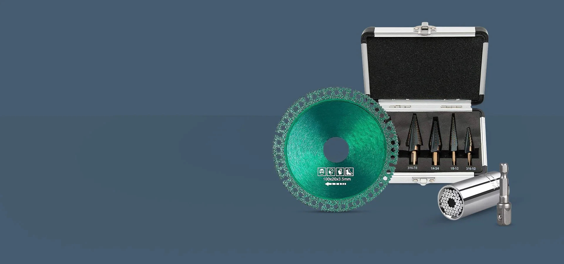 Комплект инструменти: диамантен диск, универсална вложка и свредла за бормашина