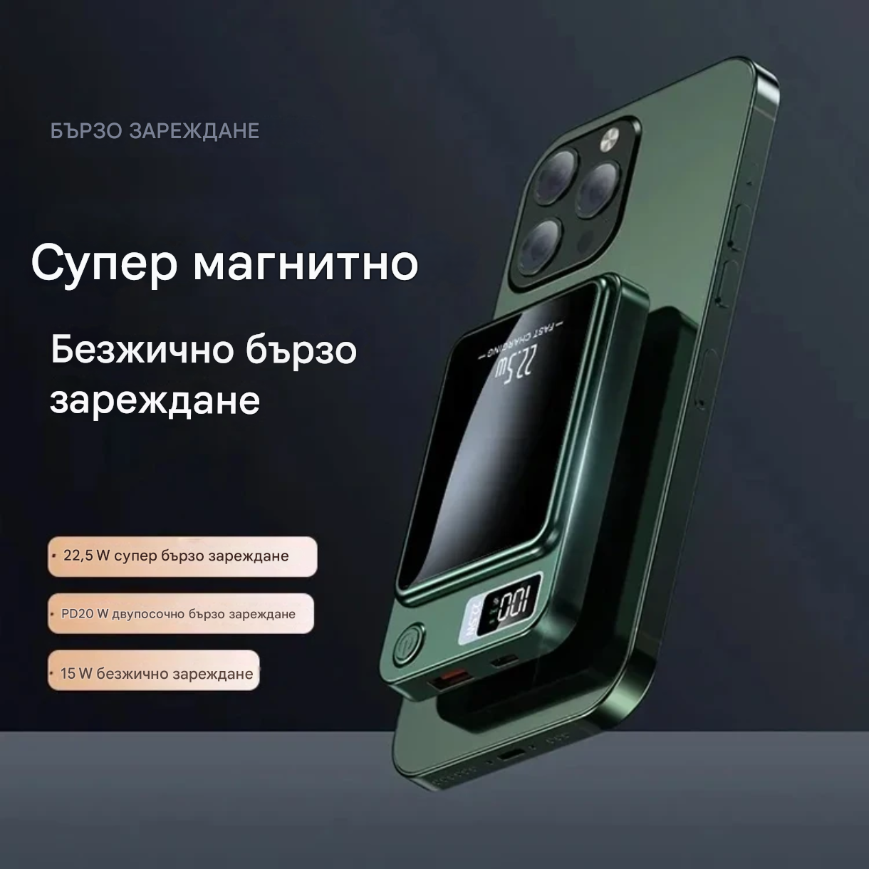 Магнитен безжичен Power Bank 10 000 mAh – супер бързо зареждане, Type-C и USB портове