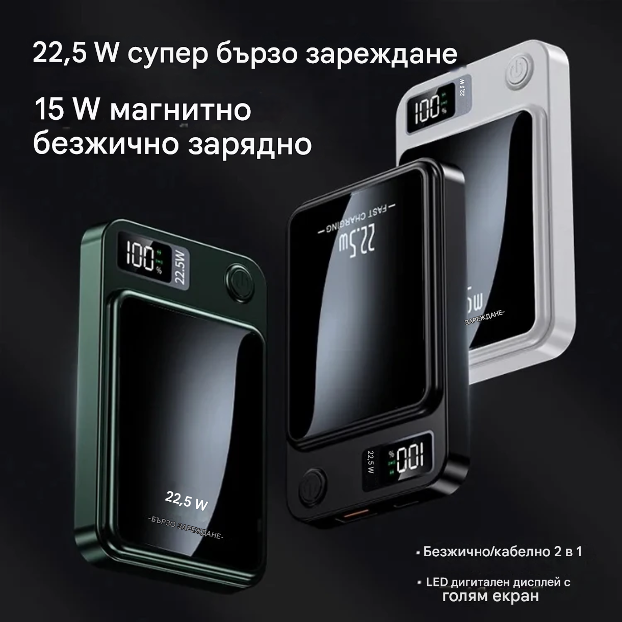 Магнитен безжичен Power Bank 10 000 mAh – супер бързо зареждане, Type-C и USB портове