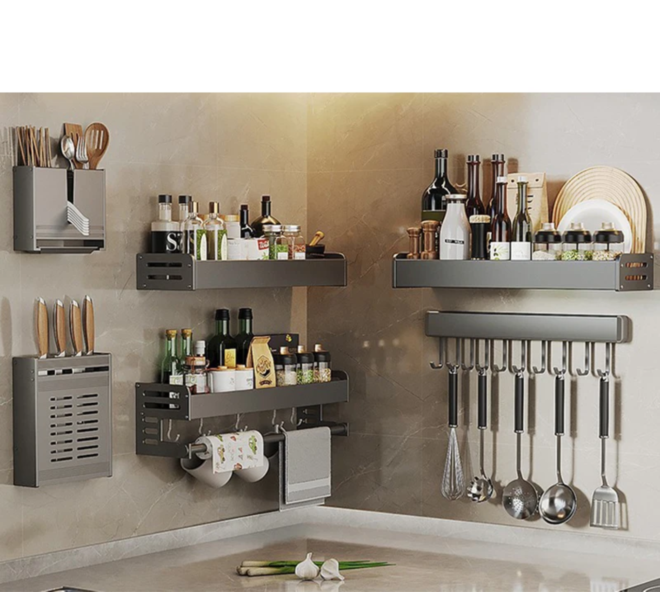 Стенна поставка за подправки и кухненски принадлежности от въглеродна стомана