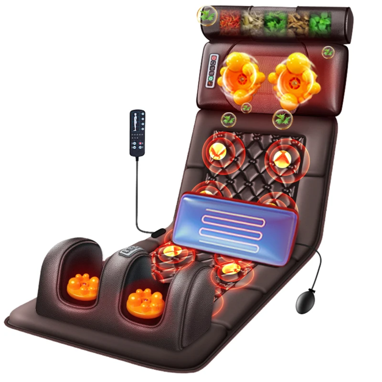 Масажен матрак 5 в 1, медицинска възглавница, топлинен компрес, висока честота на вибрации, PU кожа, кафяв