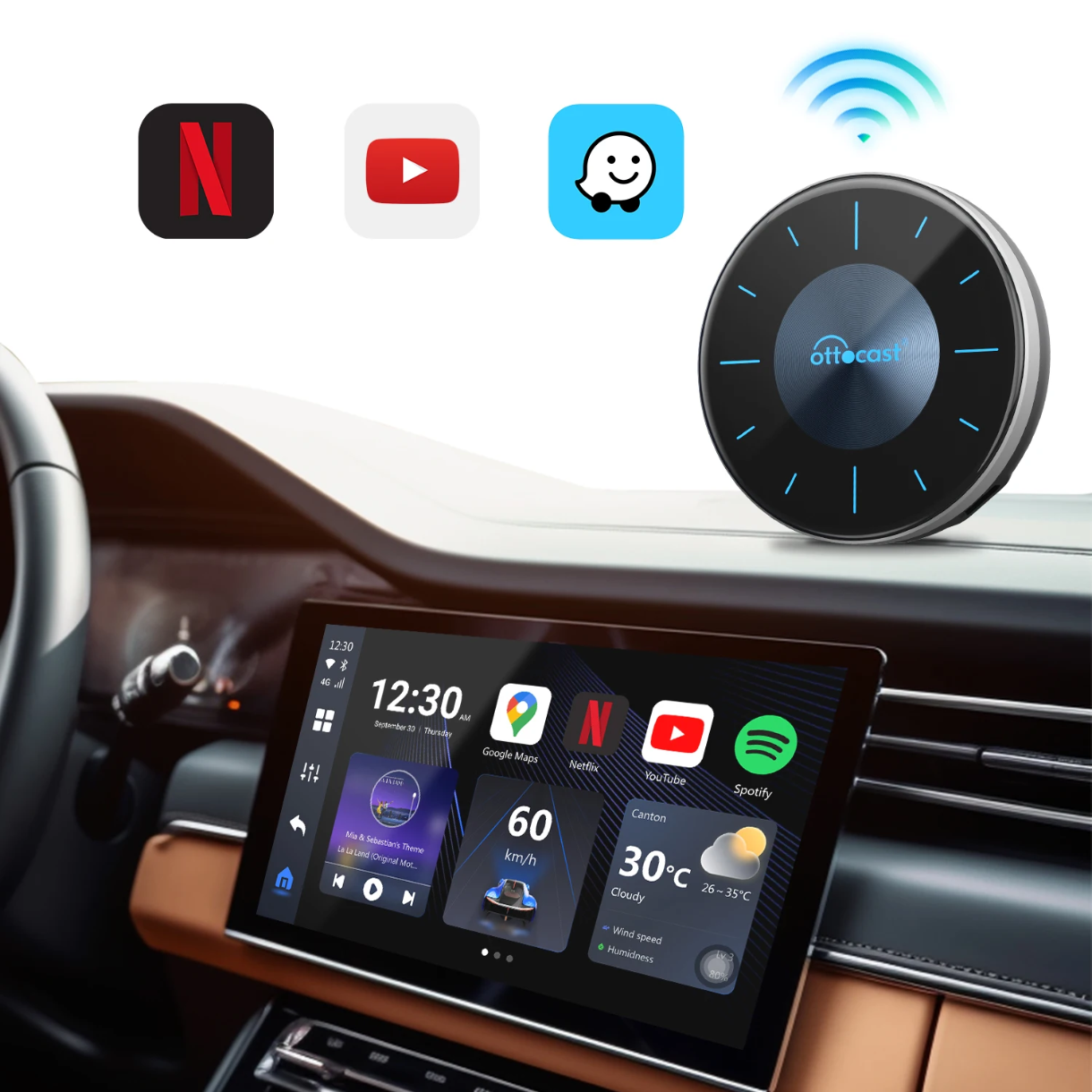 Безжичен адаптер, съвместим с Apple CarPlay и Android Auto, Ottocast P3 8GB/128GB, Netflix / YouTube / Google приложения / SIM карта / mini HDMI / 128 GB вътрешна памет
