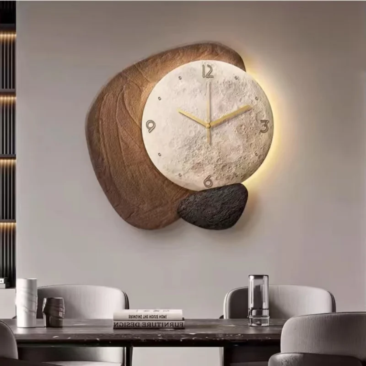 Стенен Часовник „Лунен Камък“ с 3D Релеф и LED Подсветка