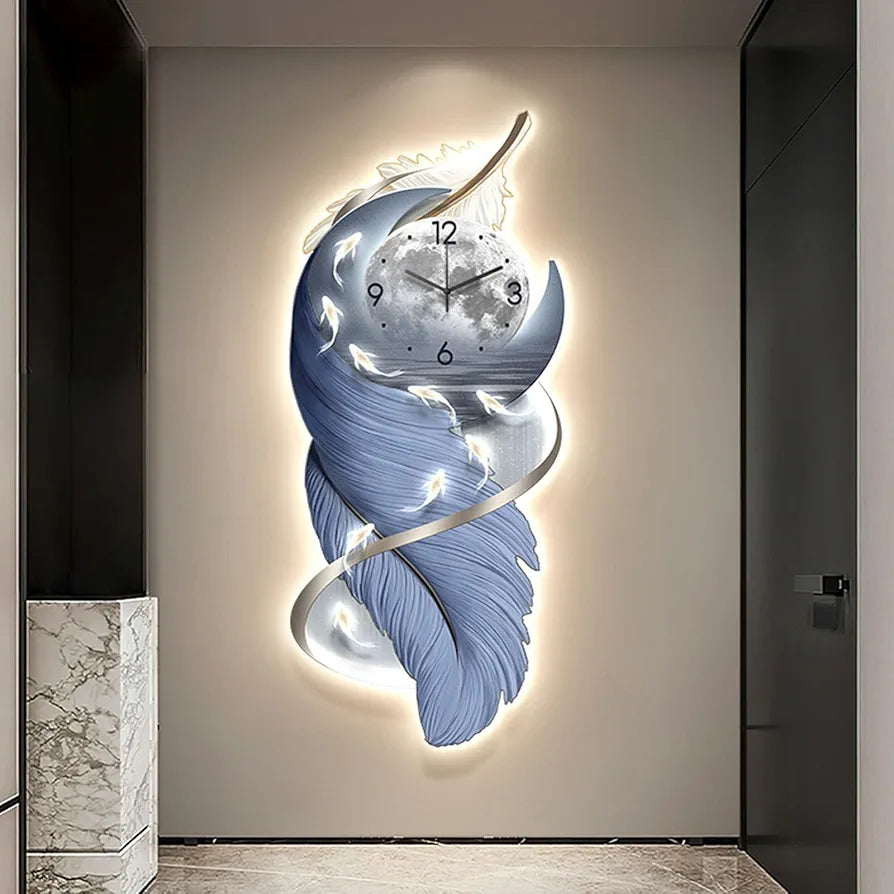 Луксозен 3D Декоративен Стенен Часовник с LED Подсветка и Модерен Дизайн на Перо