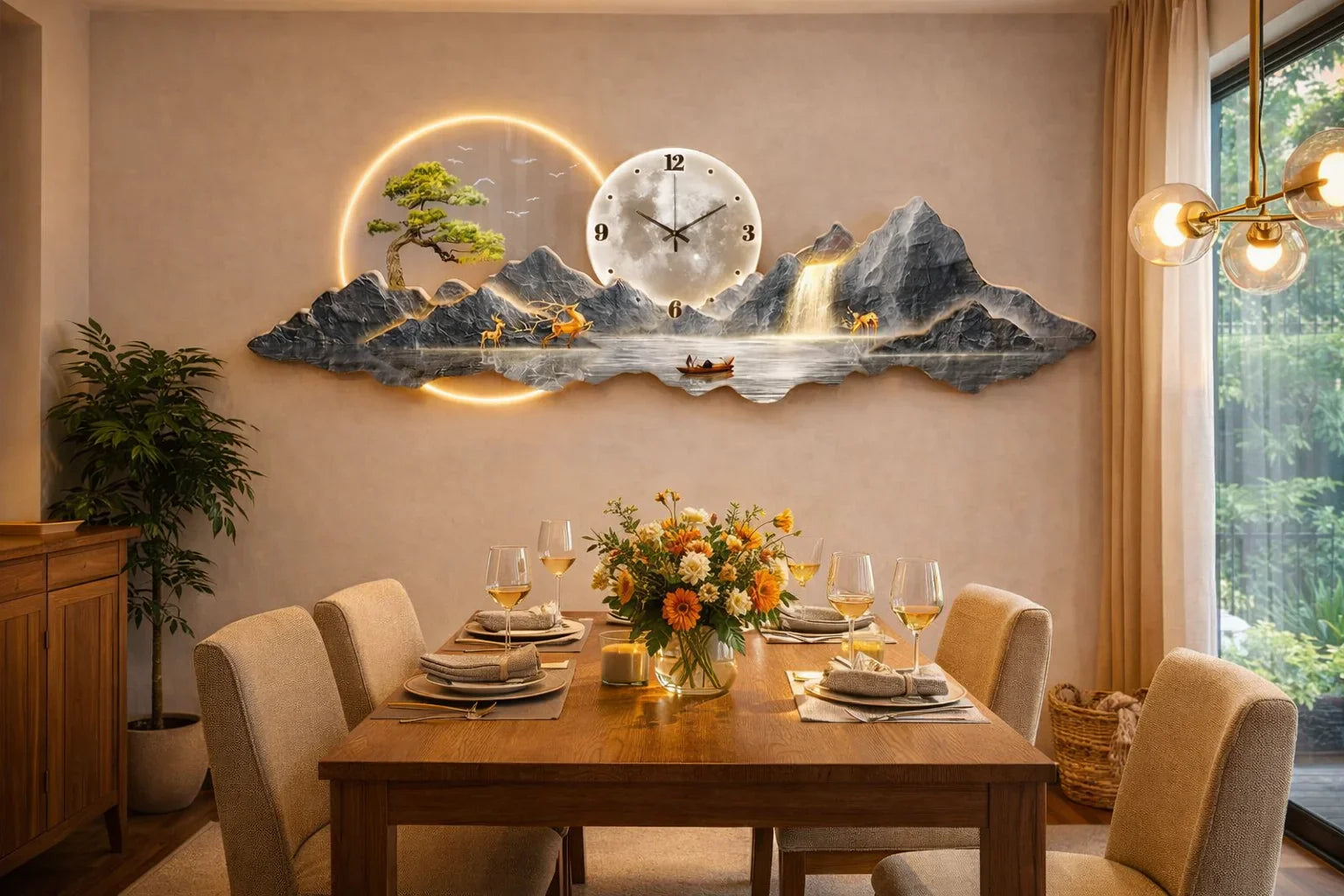 Модерен хол с трапезария, дървена маса, декор със стенен часовник, планина и природа