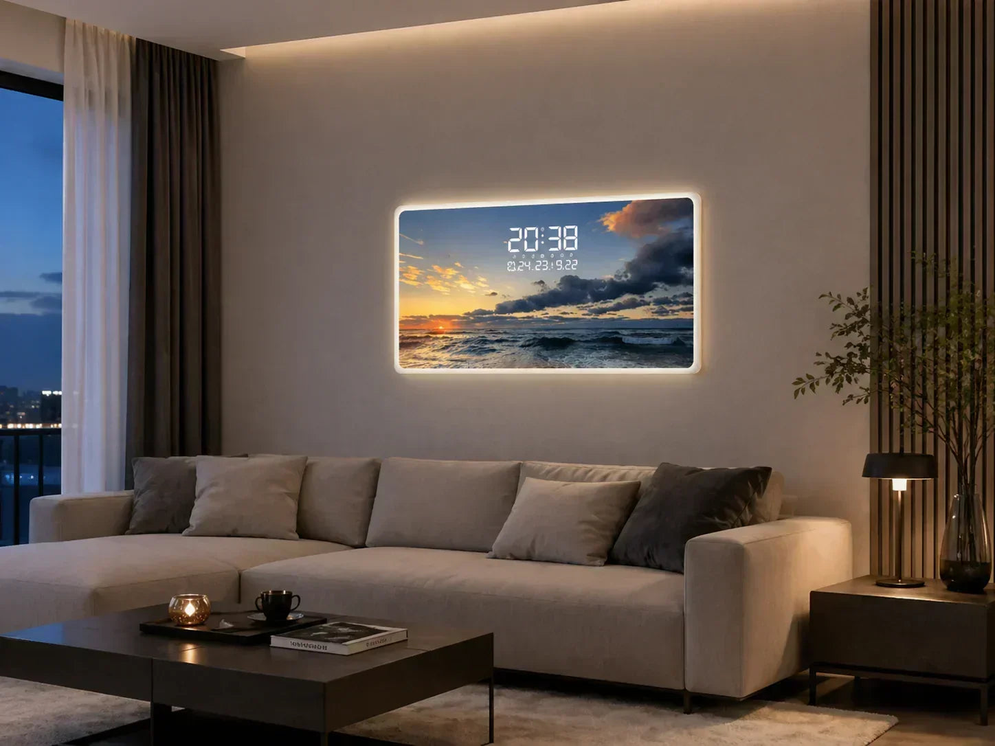 LED картина с дигитален часовник и морски пейзаж