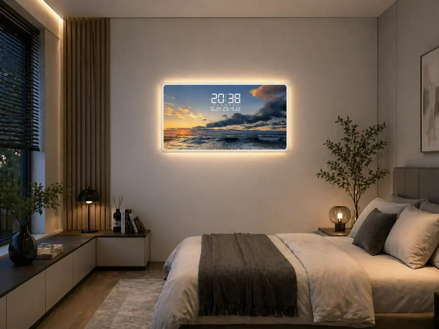 LED картина с дигитален часовник и морски пейзаж