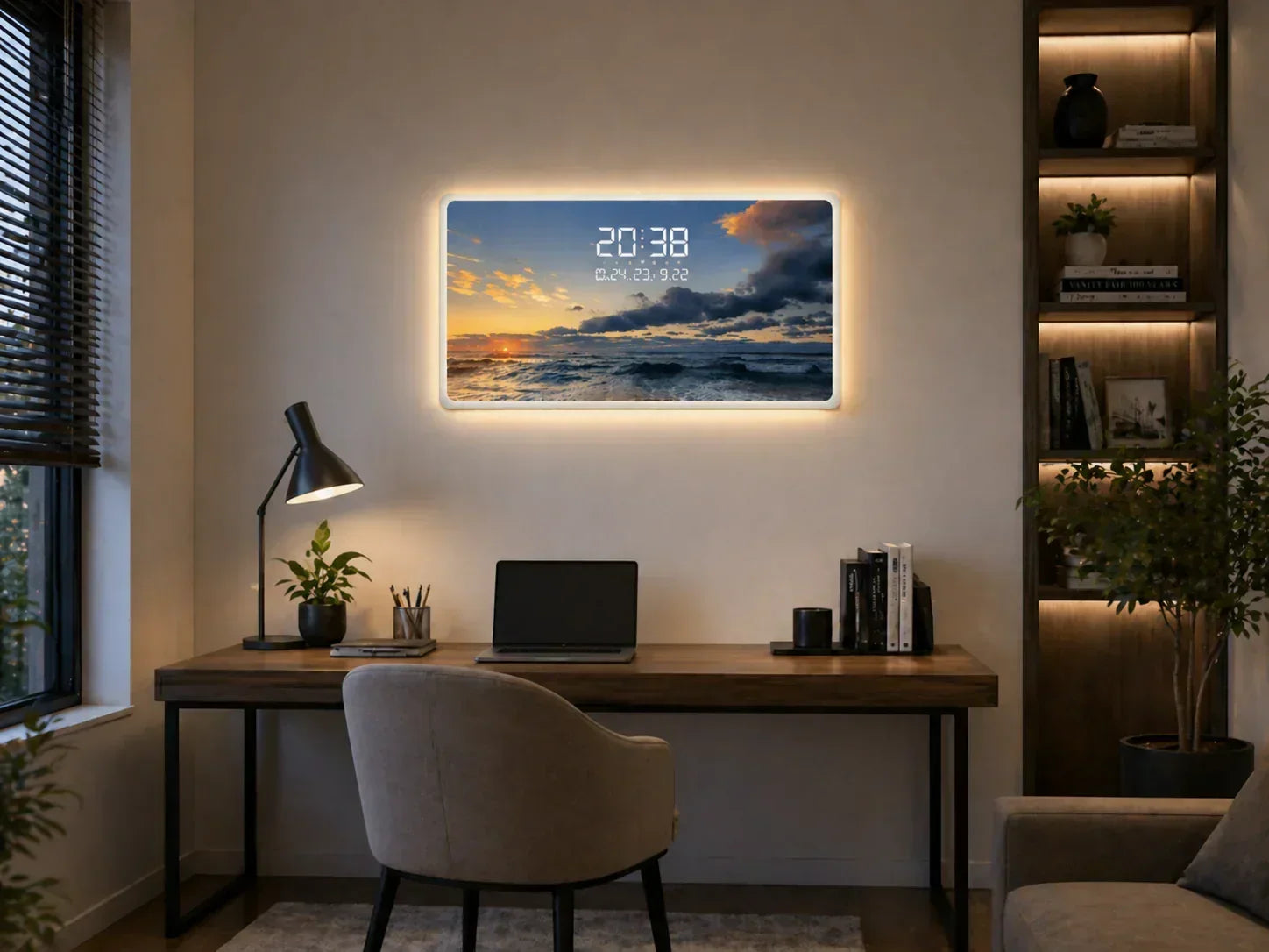 LED картина с дигитален часовник и морски пейзаж