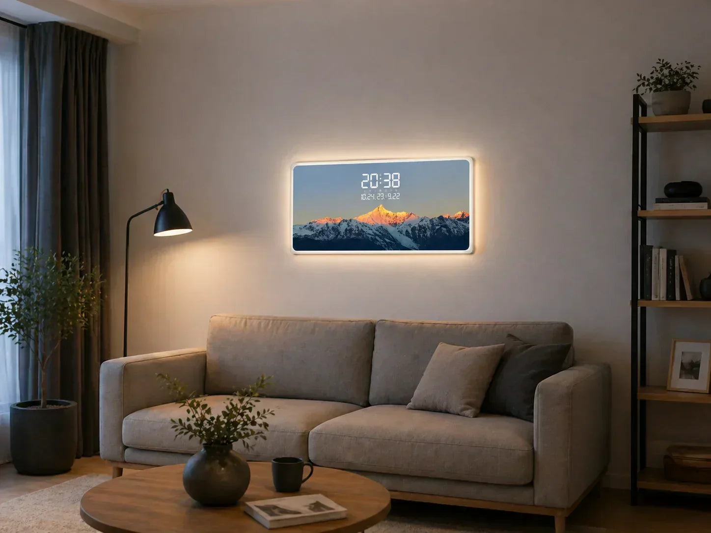 LED картина с дигитален часовник и планински пейзаж