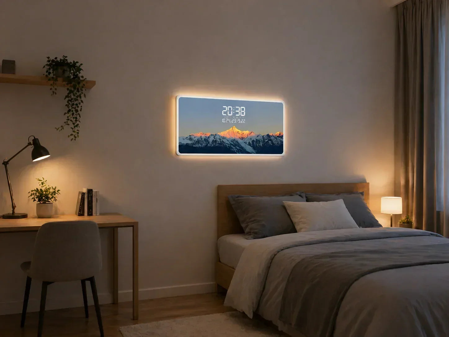 LED картина с дигитален часовник и планински пейзаж
