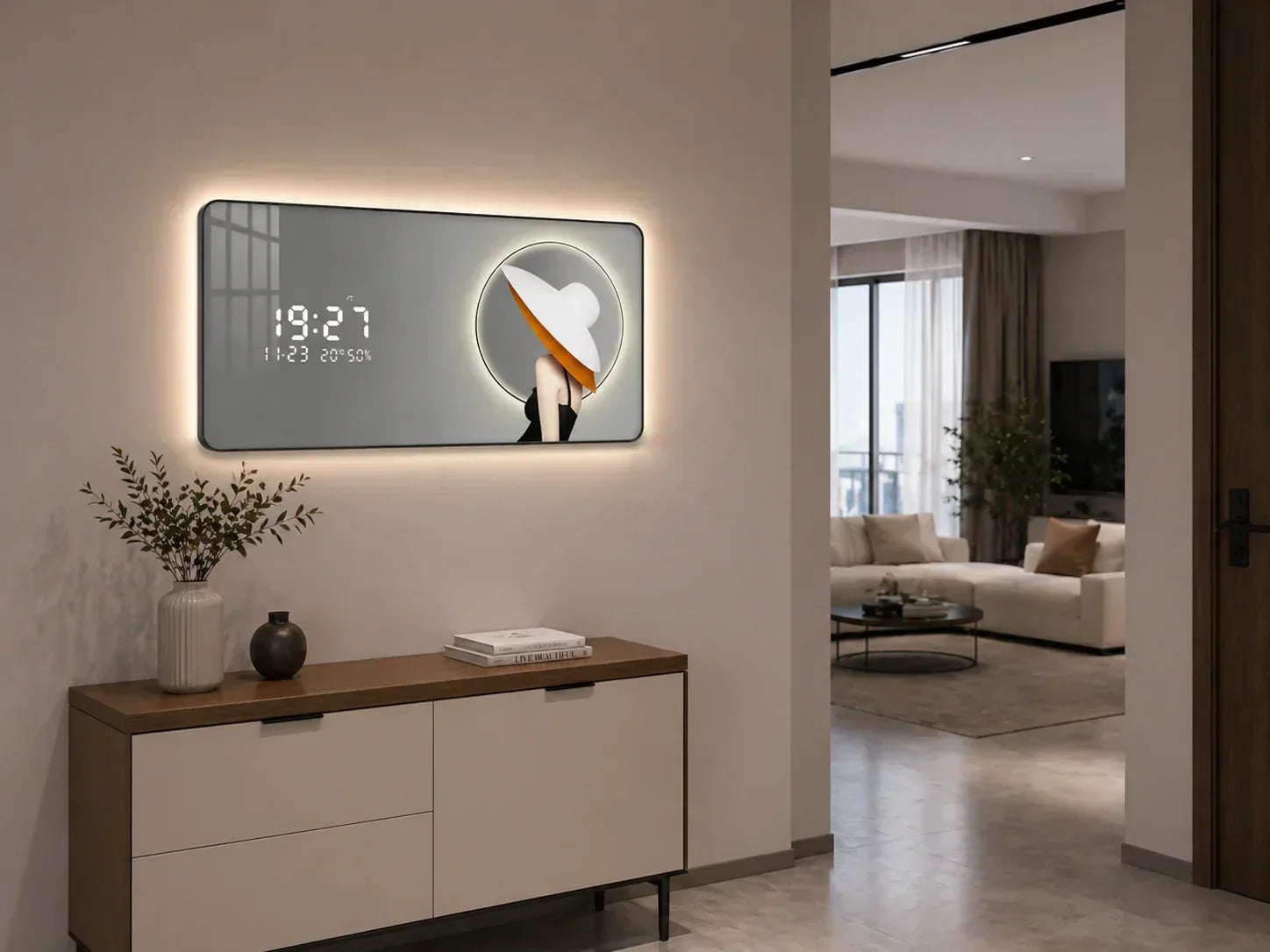 LED картина с дигитален часовник и стилна дамска визия
