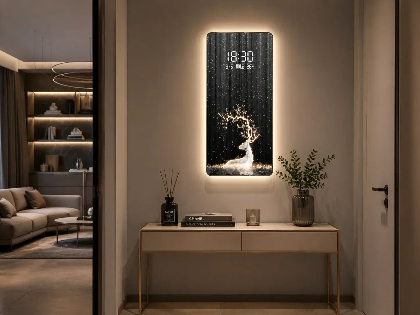LED картина с дигитален часовник и декоративен дизайн с елен