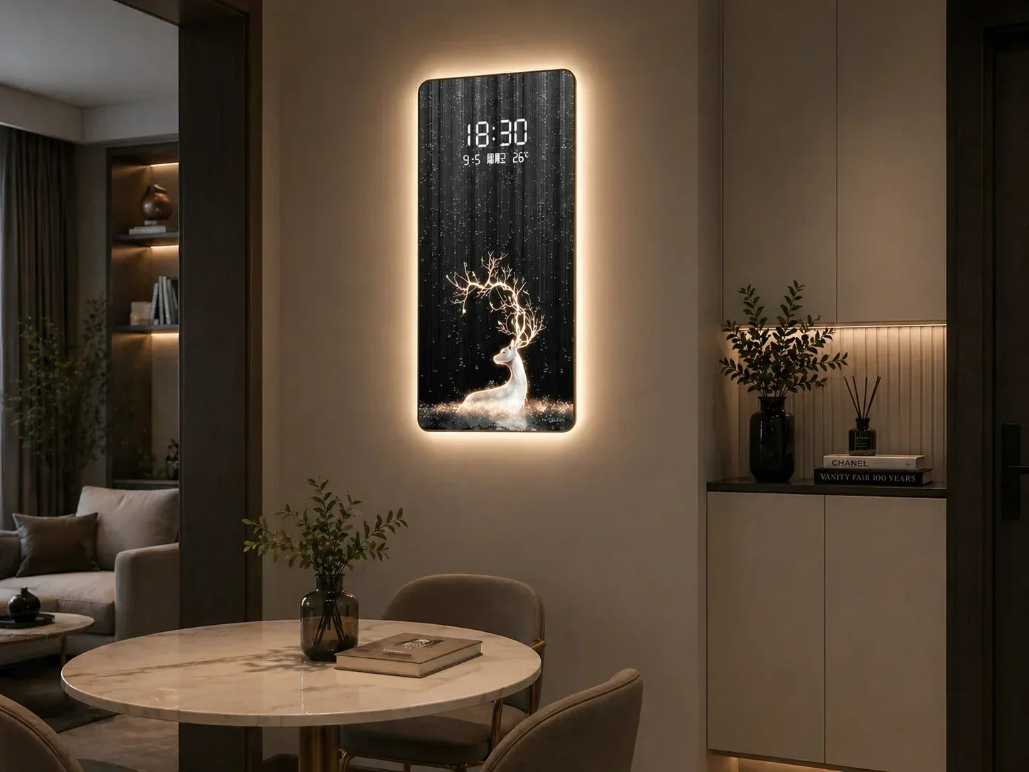 LED картина с дигитален часовник и декоративен дизайн с елен