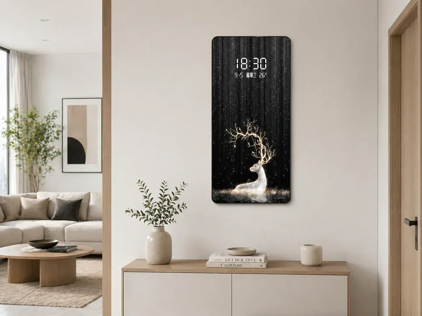 LED картина с дигитален часовник и декоративен дизайн с елен