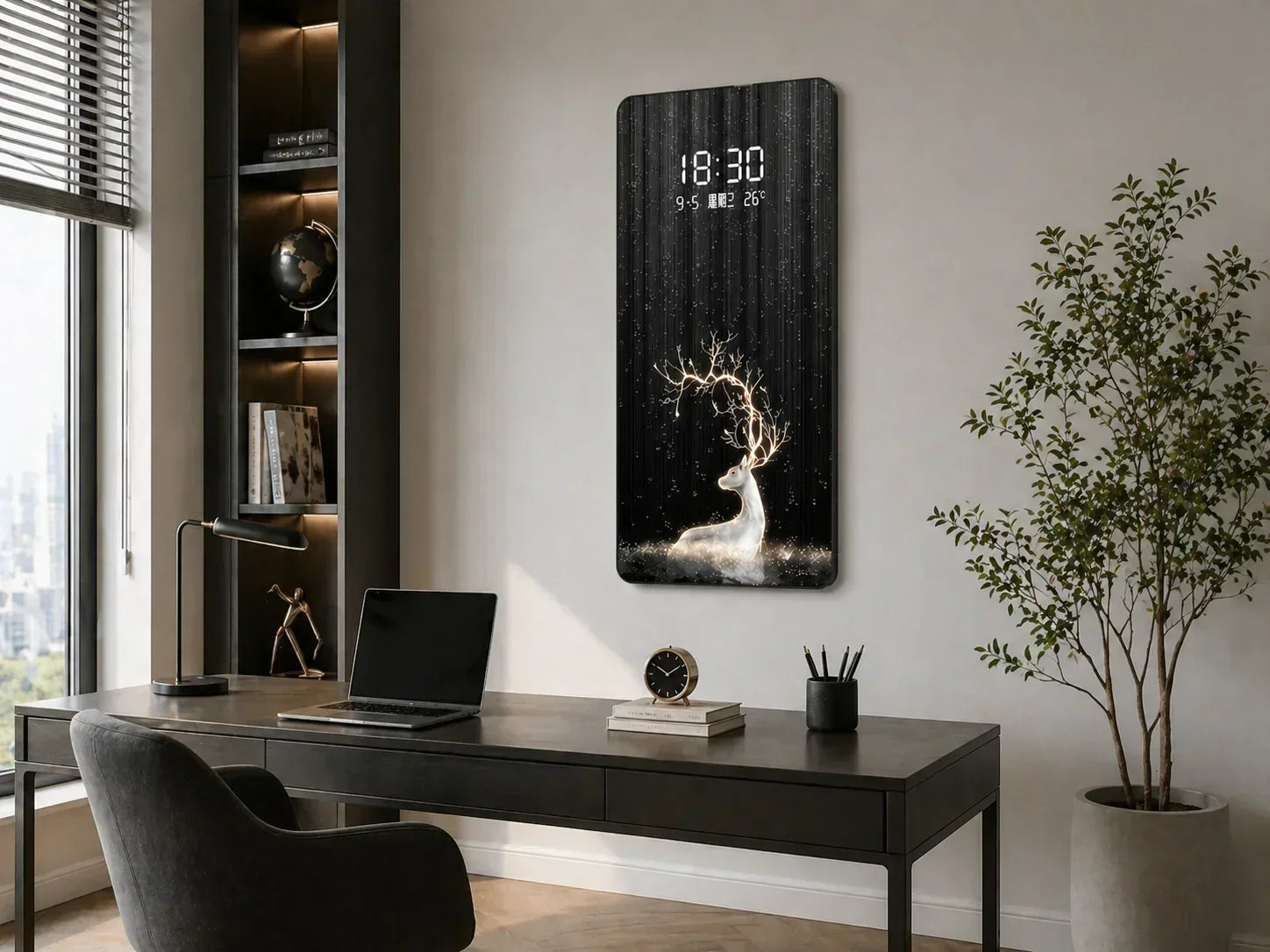 LED картина с дигитален часовник и декоративен дизайн с елен