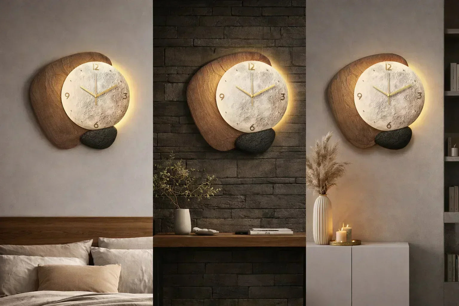 Декоративен стенен часовник с лунен дизайн, дърво и камък, с LED осветление за модерна декорация