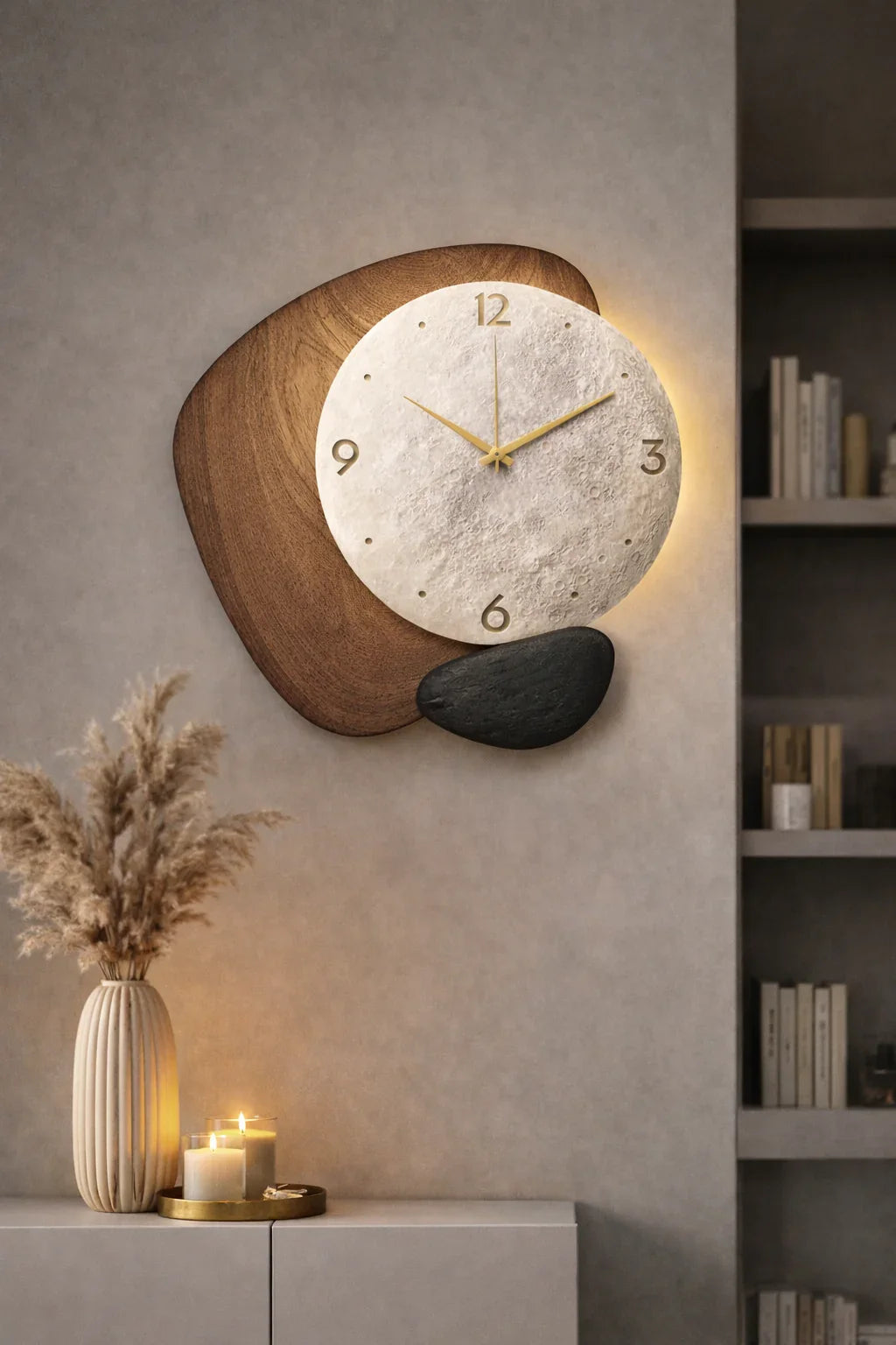 Декоративен стенен часовник с дървен и каменен ефект, модерен дизайн, интериорен декор