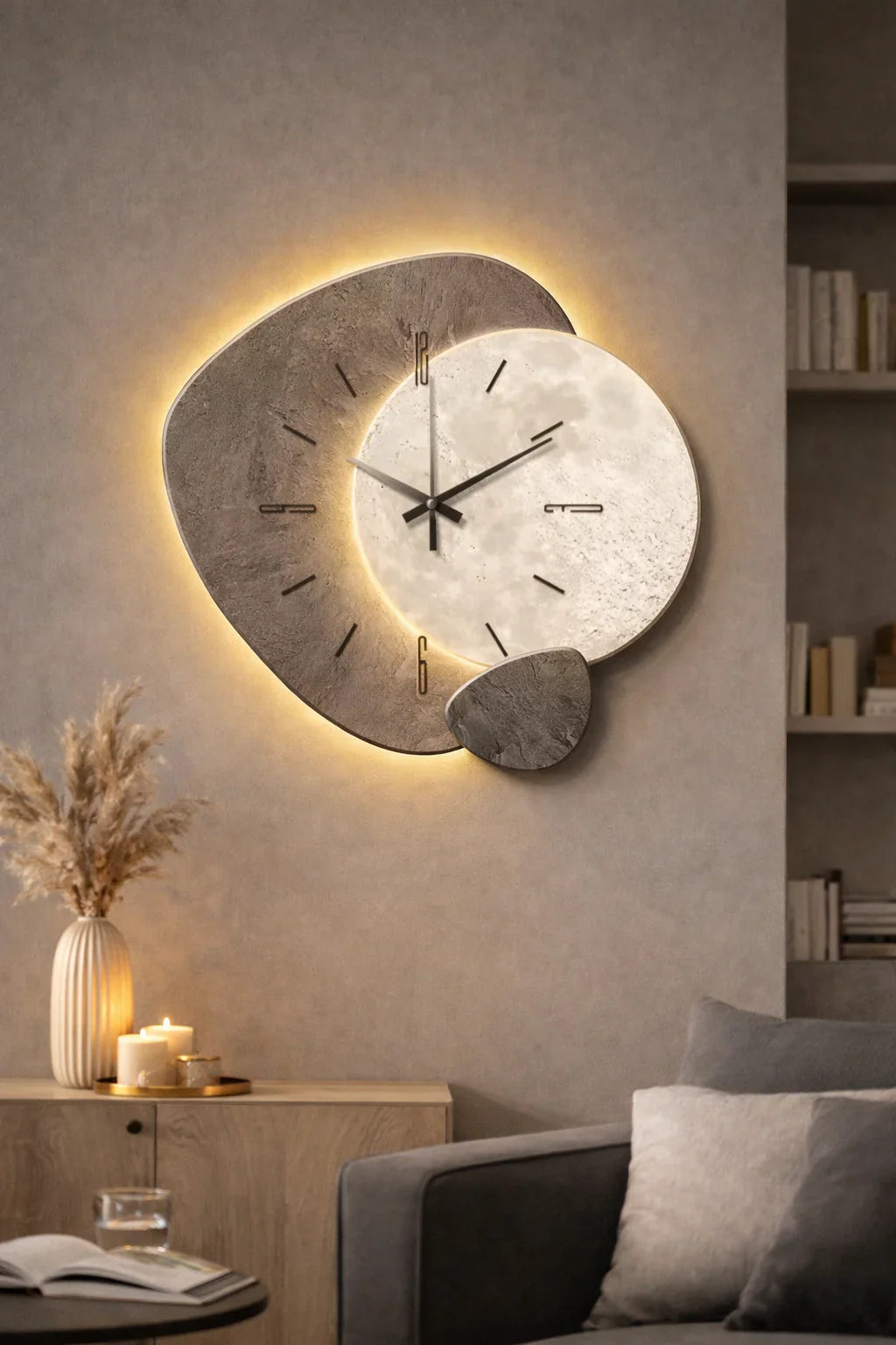 Модерен стенен часовник със заоблен дизайн и LED осветление в елегантен хол