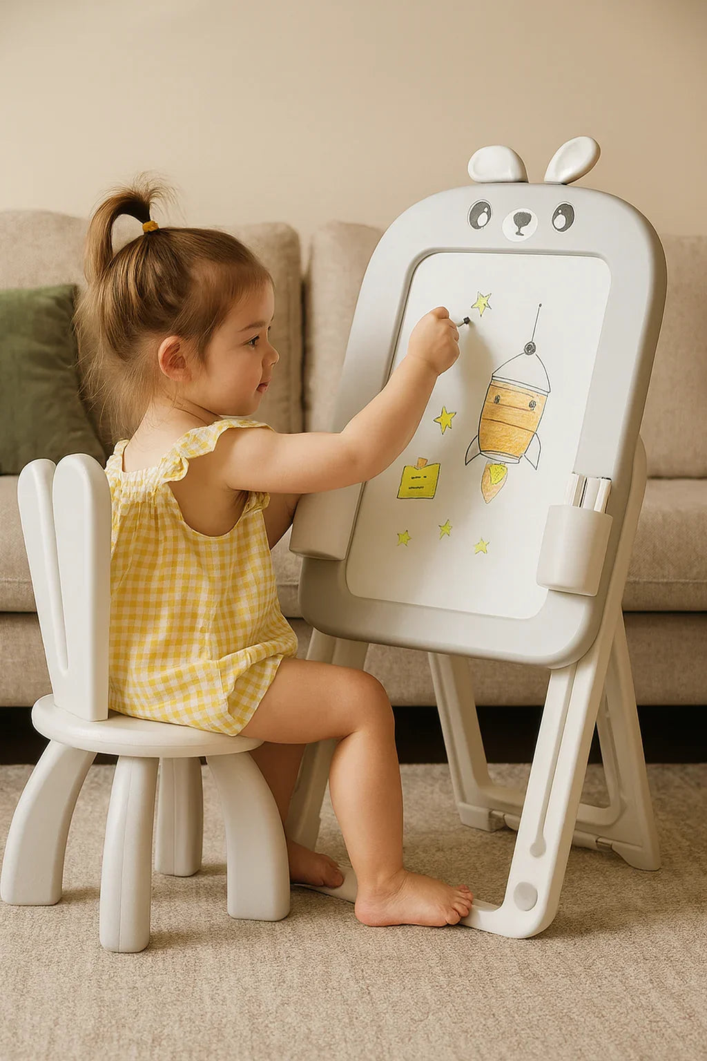 Малко дете рисува на детска дъска за рисуване с форма на животно в домашна обстановка