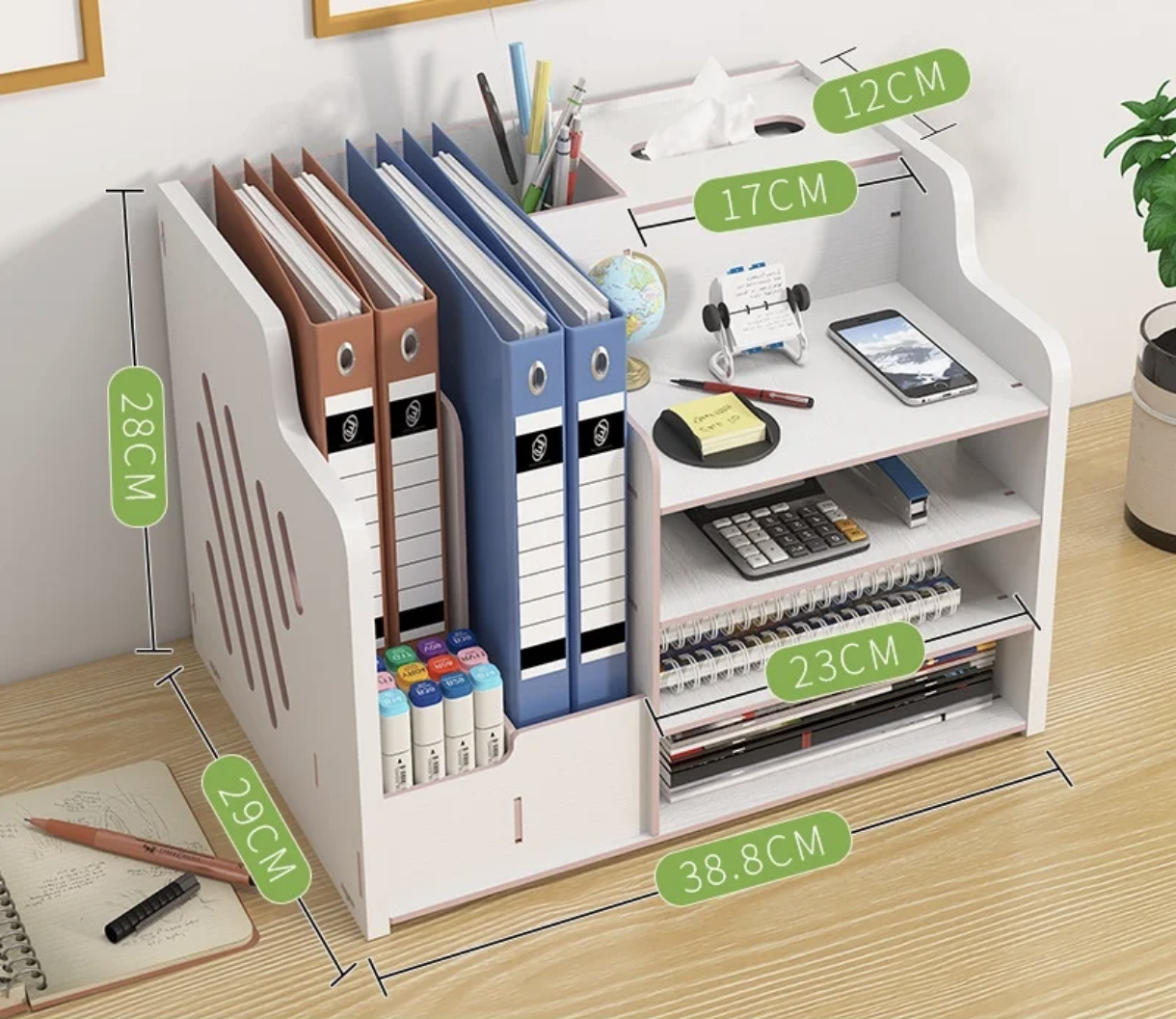 Органайзер за бюро, Дървен, с чекмеджета и кутия за салфетки, лесен за сглобяване и почистване, голям капацитет