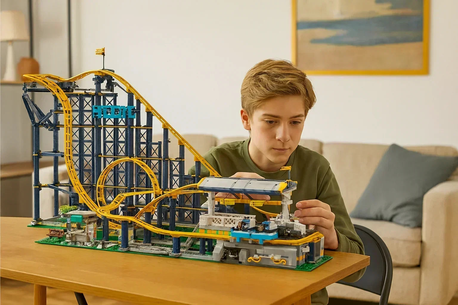 Момче сглобява модел на влакче на маса у дома, играчка за деца и хоби.