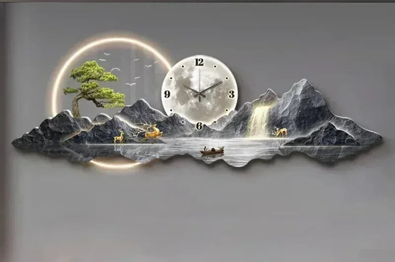 Стенен часовник с планински пейзаж, водопад, елени и лодка, подходящ за декорация на дом