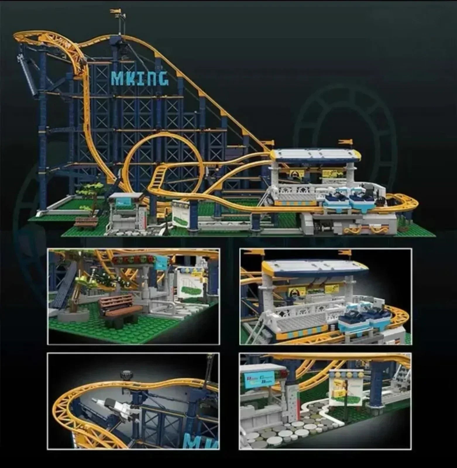 Конструктор влакче на релси, модел увеселителен парк, лего съвместим, жълта и синя писта