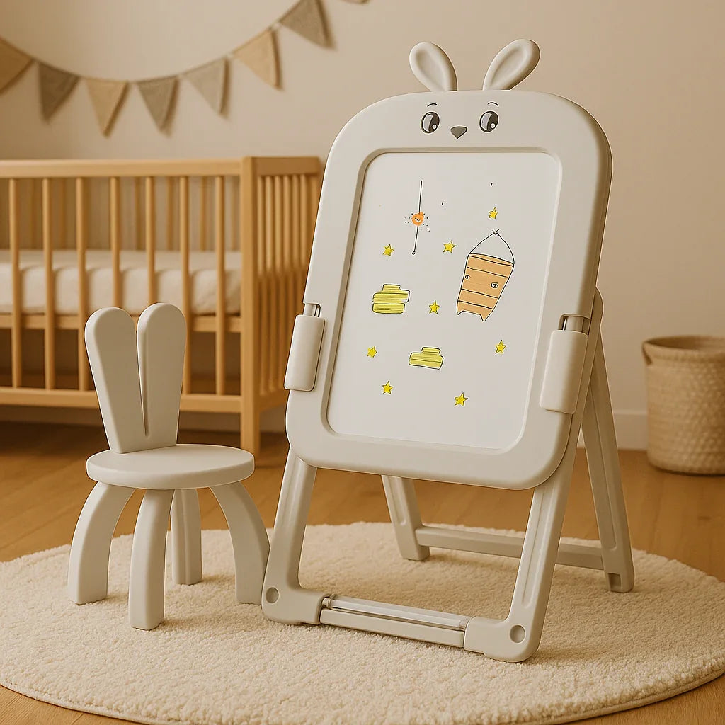 Детски комплект за рисуване с бяла дъска и столче с форма на заек в детска стая