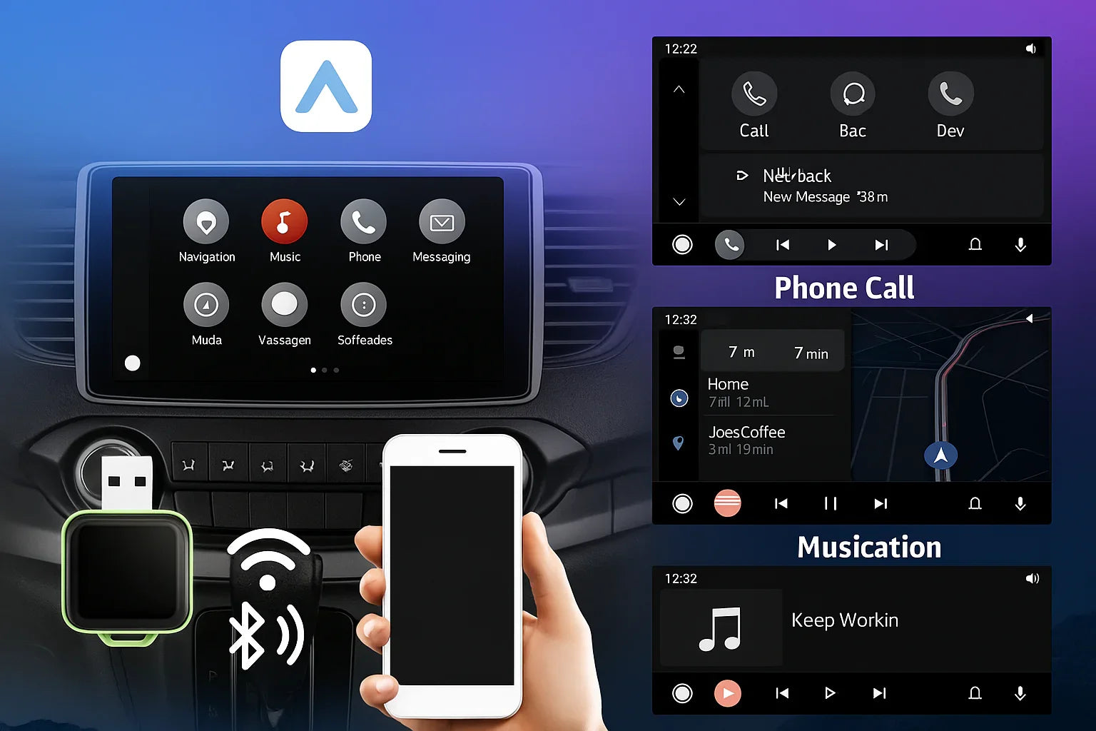 адаптер за Android Auto и CarPlay, свързан с телефон чрез USB и Bluetooth, екран с навигация, телефон и музика