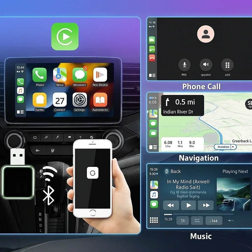 Безжичен адаптер за CarPlay, свързан с телефон в автомобил, показващ навигация, обаждания и музика.