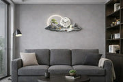 Модерна всекидневна сив диван, стенен часовник с пейзаж и LED осветление, декорация за дома