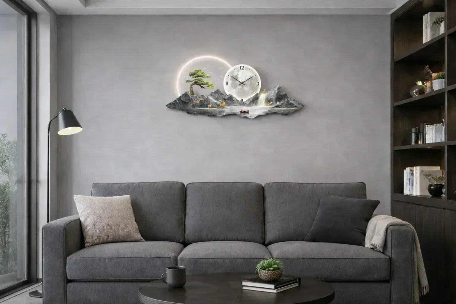 Модерна всекидневна сив диван, стенен часовник с пейзаж и LED осветление, декорация за дома