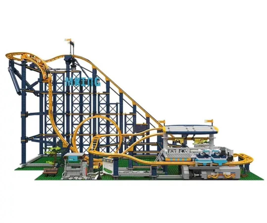 Конструктор влакче на увеселителен парк с жълти и сини релси, играчка за деца